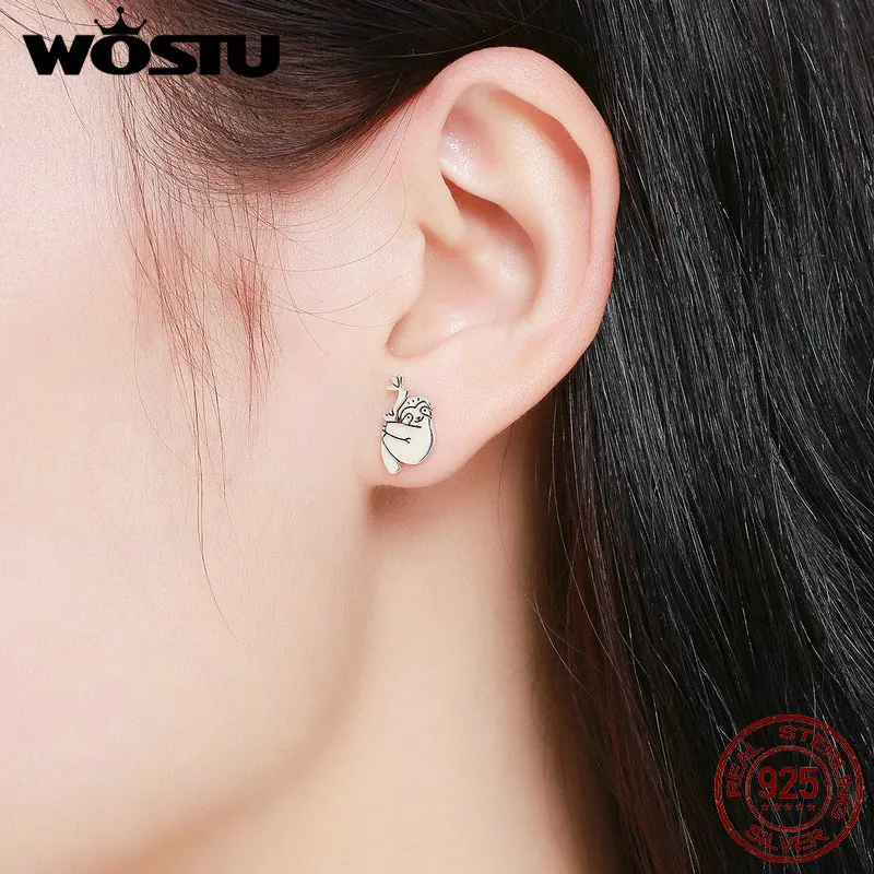 WOSTU Новые 100% Настоящее серебро 925 пробы милые ленивые серьги гвоздики для женщин