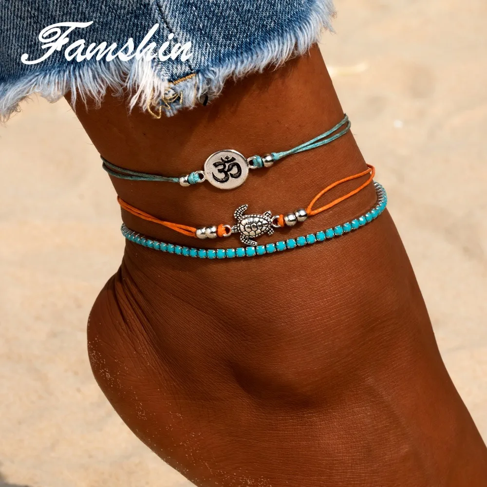 FAMSHIN 3 шт./компл. винтажный многослойный ножной браслет в виде черепахи для женщин