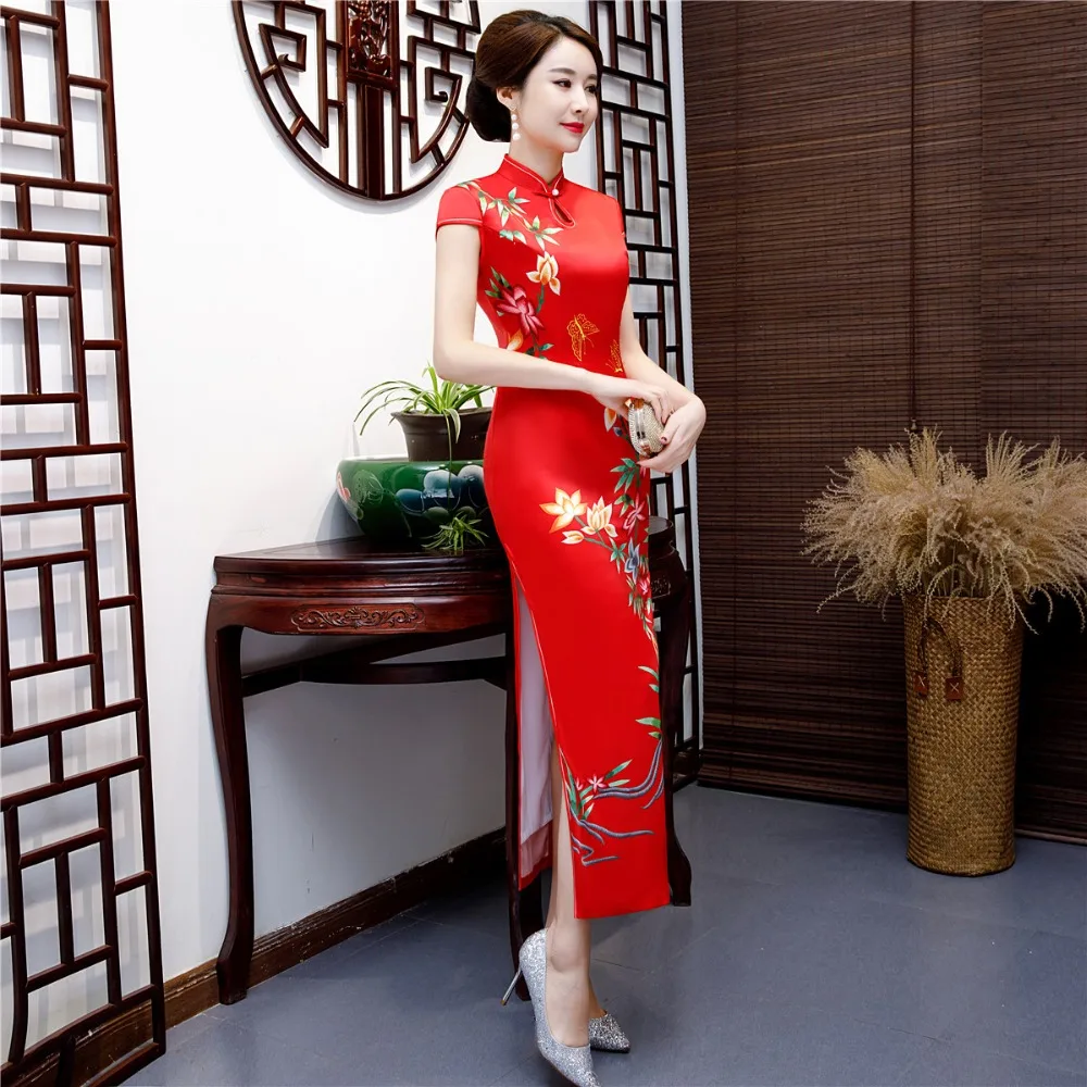 Шанхай история искусственного шелка Qipao Платье длинное Cheongsam национальный тренд платья короткий рукав тонкий Традиционный китайский платье для женщин