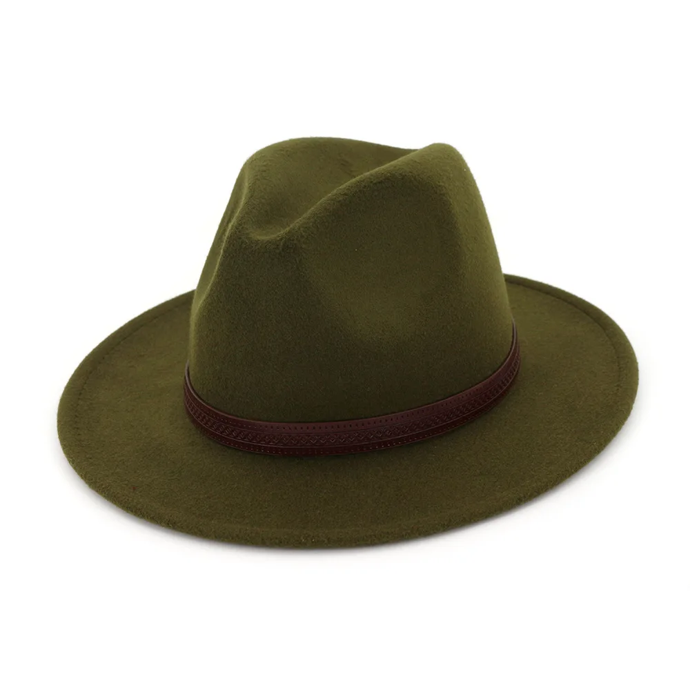 QIUBOSS Панама Джаз Fedora кепка для женщин и мужчин Шерсть фетр остроконечные широкие полями Дерби шляпа кофе кожа Украшение Gambler Chapeau QB42