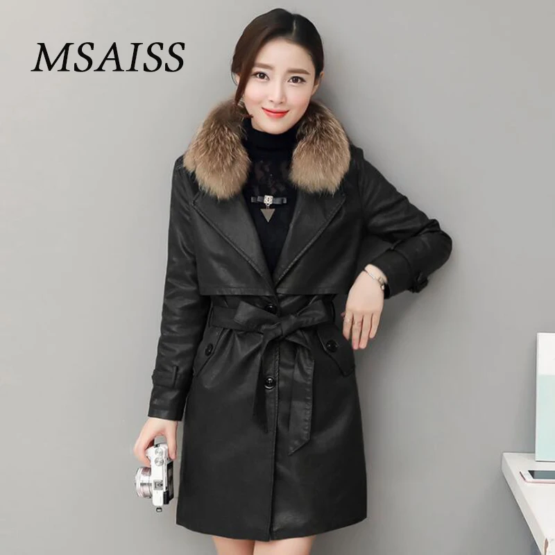 MSAISS/женская теплая кожаная куртка с воротником из 100% меха енота новинка зимы 2017