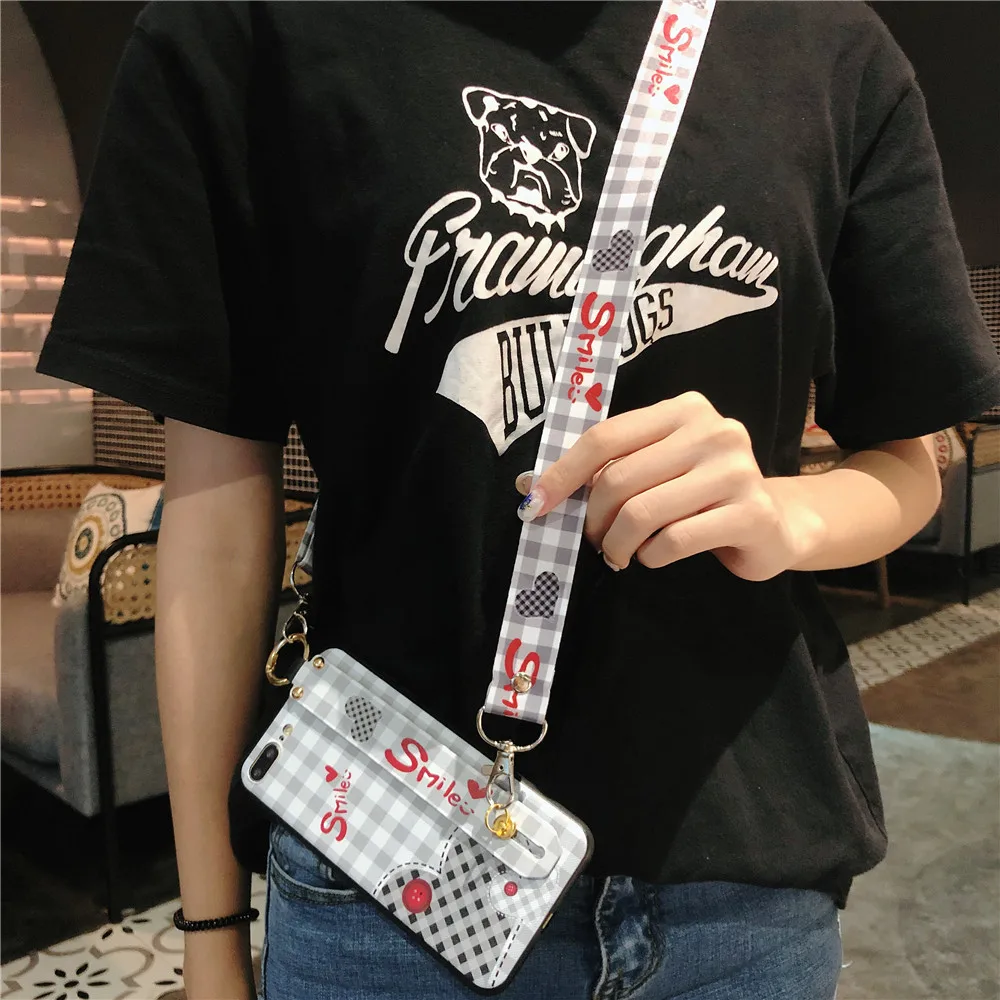 Wrist Strap Phone Case For iPhone X XR XS MAX Lattice Printing Love Silicone for iphone 7 6s 8plus Lanyard Neck Cover |