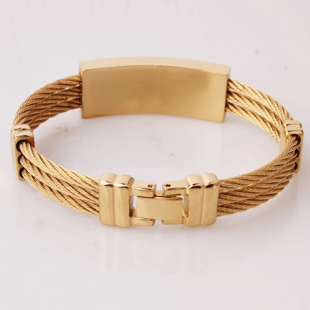 Fashion Gift Stainless Steel Gold Tone Cross Bible 3 Rows Cable Wire Rope Chain Cuff Bangle Bracelets Mens Womens Jewelry 7.67&quot |