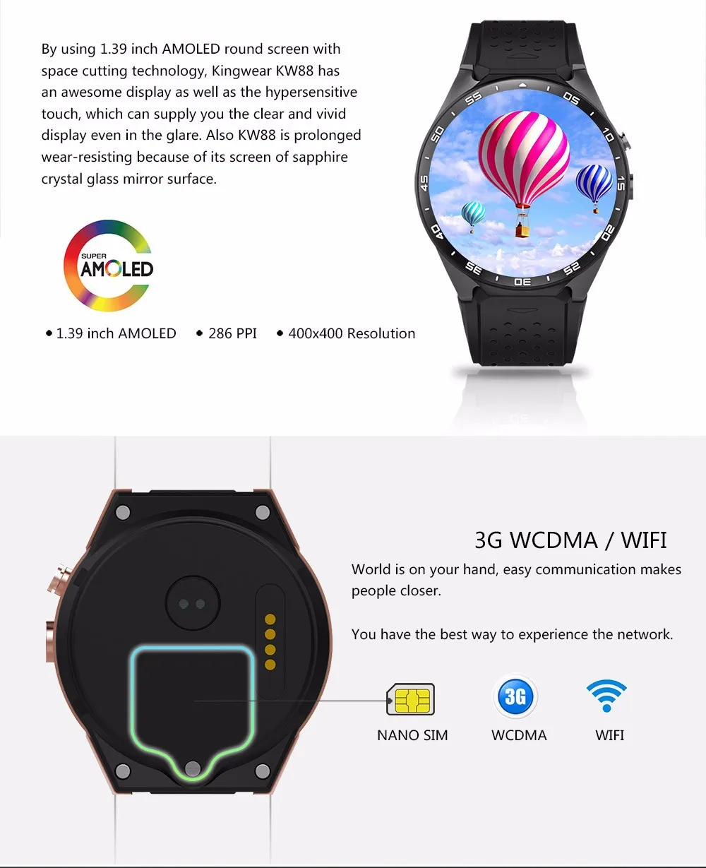 EXRIZU KW88 Android 5,1 OS Smartwatch телефон 3g gps wifi 1,3" AMOLED экран Смарт часы 2.0MP камера Датчик тяжести шагомер