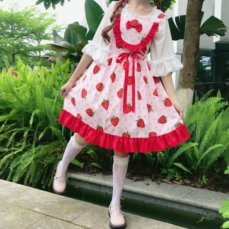 Японский стиль Kawaii Лолита платье для женщин Весна Лето клубника вишня Принт Сарафан подростковое платье с рюшами без рукавов