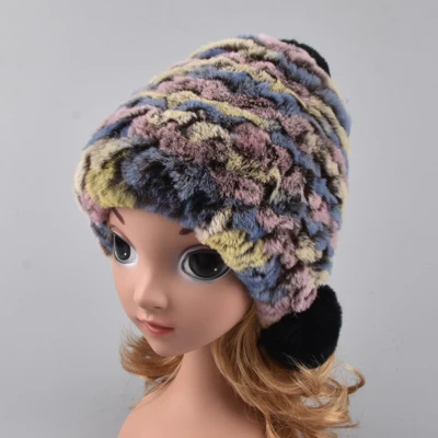 multicolor 3 Зимние меховые шапки для девочек из натурального меха кролика Рекс, шапка-ушанка с шариками, детская вязаная шапка с помпоном ручной вязки, шапочки, шарф-кольцо - Цвет: multicolor 3
