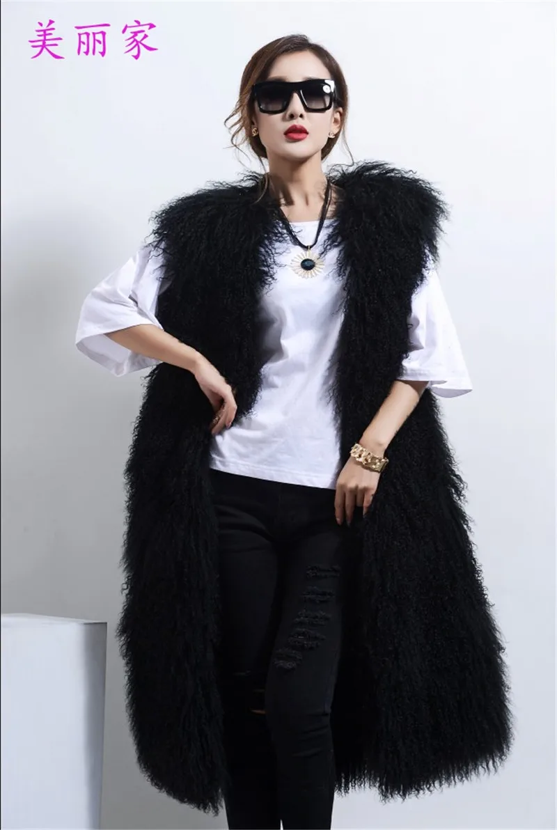 Зимний новый женский длинный участок из пляжной шерсти кожаный жилет с круглым