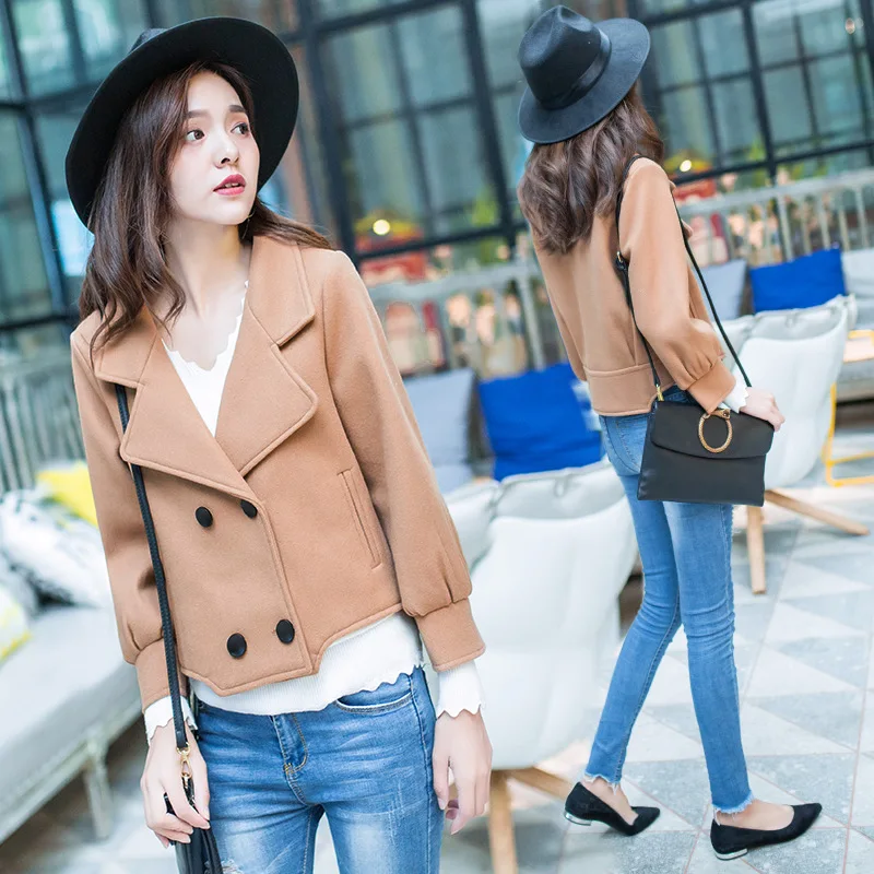 Свободное теплое Короткое шерстяное Женское пальто двубортная Женская куртка с