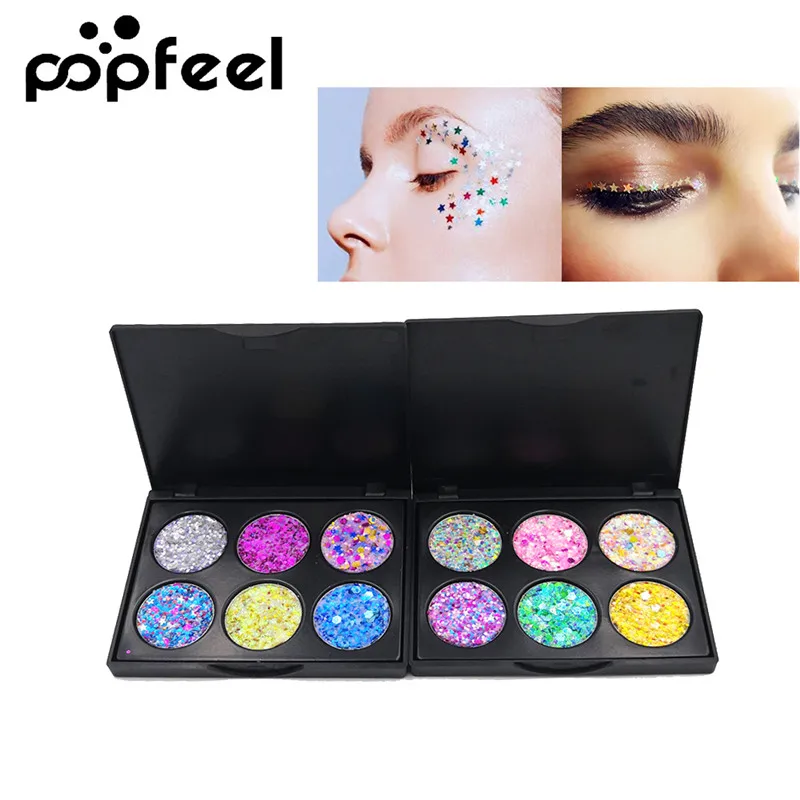 Popfeel, 6 цветов, палитра для макияжа, Блестящие Блестки для глаз, палитра для сцены, фестиваля, вечерние Блестки, макияж, водостойкие блестки