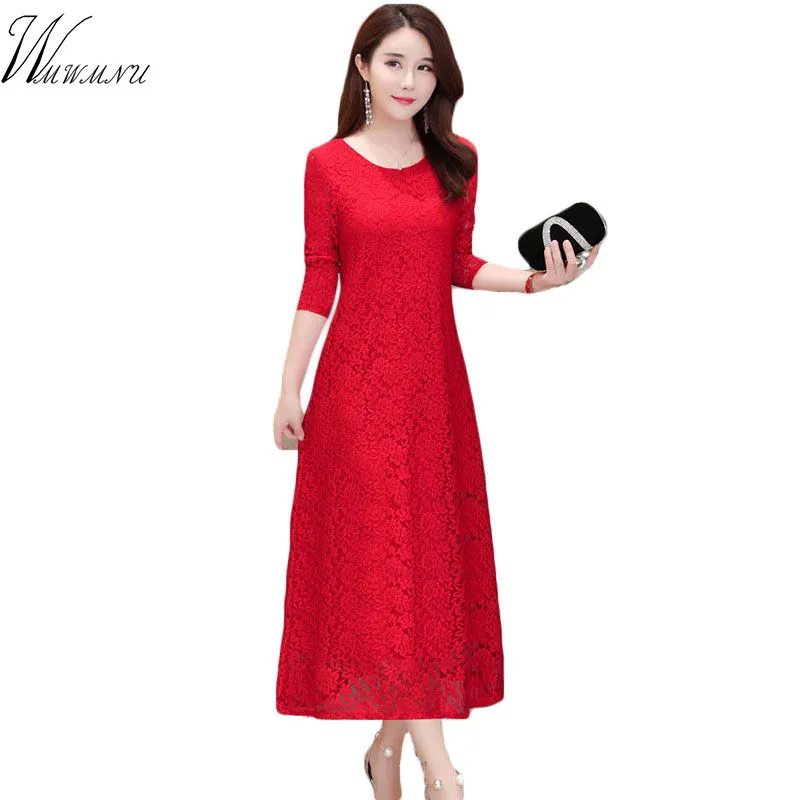 Женское кружевное платье с длинным рукавом осеннее большого размера круглым