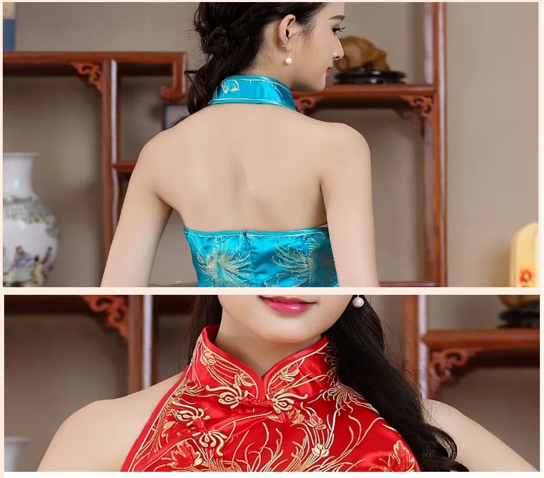 

Chinese Traditional Backless Dress Women's Silk Satin Long Cheongsam Size: S to 2XL