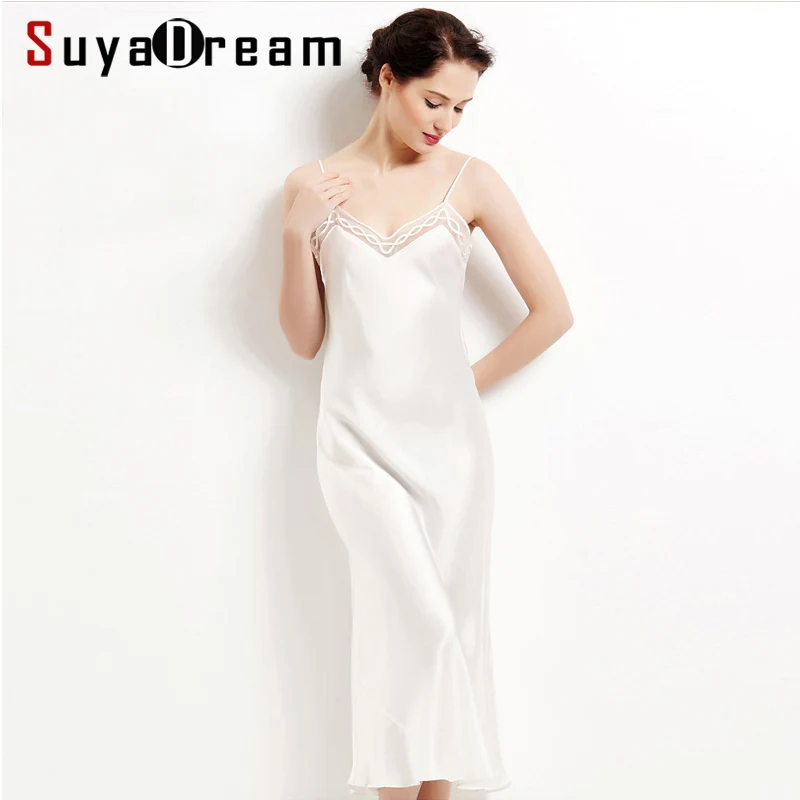 100%Real Silk Long Nightgowns Women Maxi Dress White Black Silk Sleepdress Lace V neck Elegant Sleep wear 2022