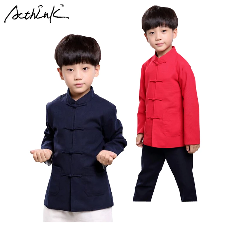 

ActhInK New Spring Children Autumn Boys Long Sleeve Linen Shirt Chinese Style Kung Fu Shirt for Boys Hanfu Costume Shirt, ZC025