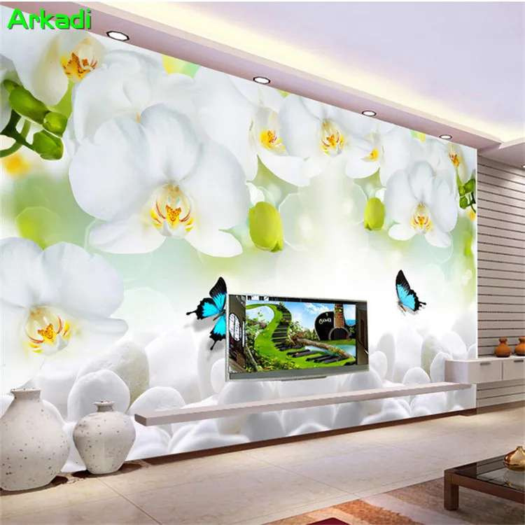 Modern minimalist white orchid flower butterfly photo wallpaper living room sofa TV background wall home decoration painting |