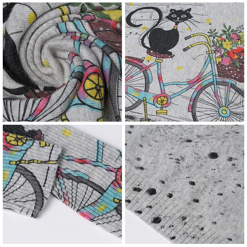 Свитер Женский вязаный с кошачьим принтом длинным рукавом | Женская одежда