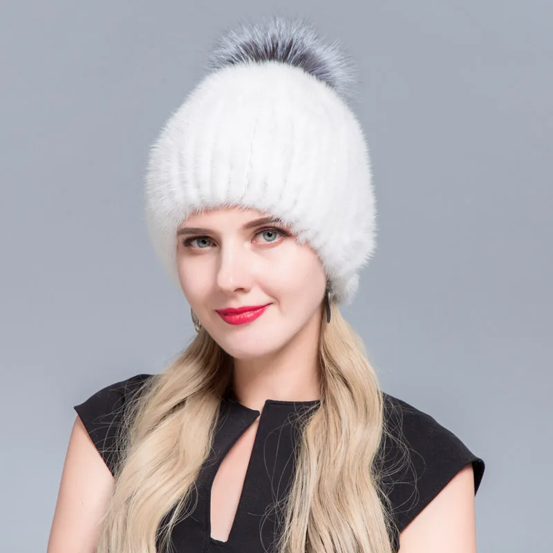 COLOR5 JINBAOSEN, новинка, распродажа, меховые шапки для женщин, новые меховые шапки для зимы, меховая шапка из натуральной норки, мех серебристой лисы, помпоны, вязаная шапка - Цвет: COLOR5