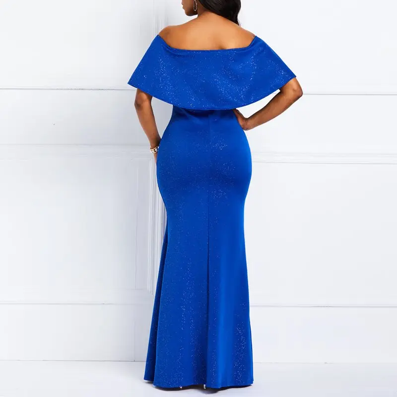 

Women Party Mermaid Long Dresses Summer Off Shoulder Sexy Bodycon Evening Elegant Floor Length Solid Blue Backless Maxi Dress