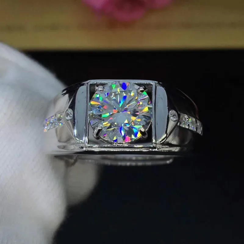 Классический 2ct карат Круглый Муассанит обручальные кольца Для мужчин стерлингового серебра 925 платиновым покрытием кольца Мужской D Цвет VVS1 ясности