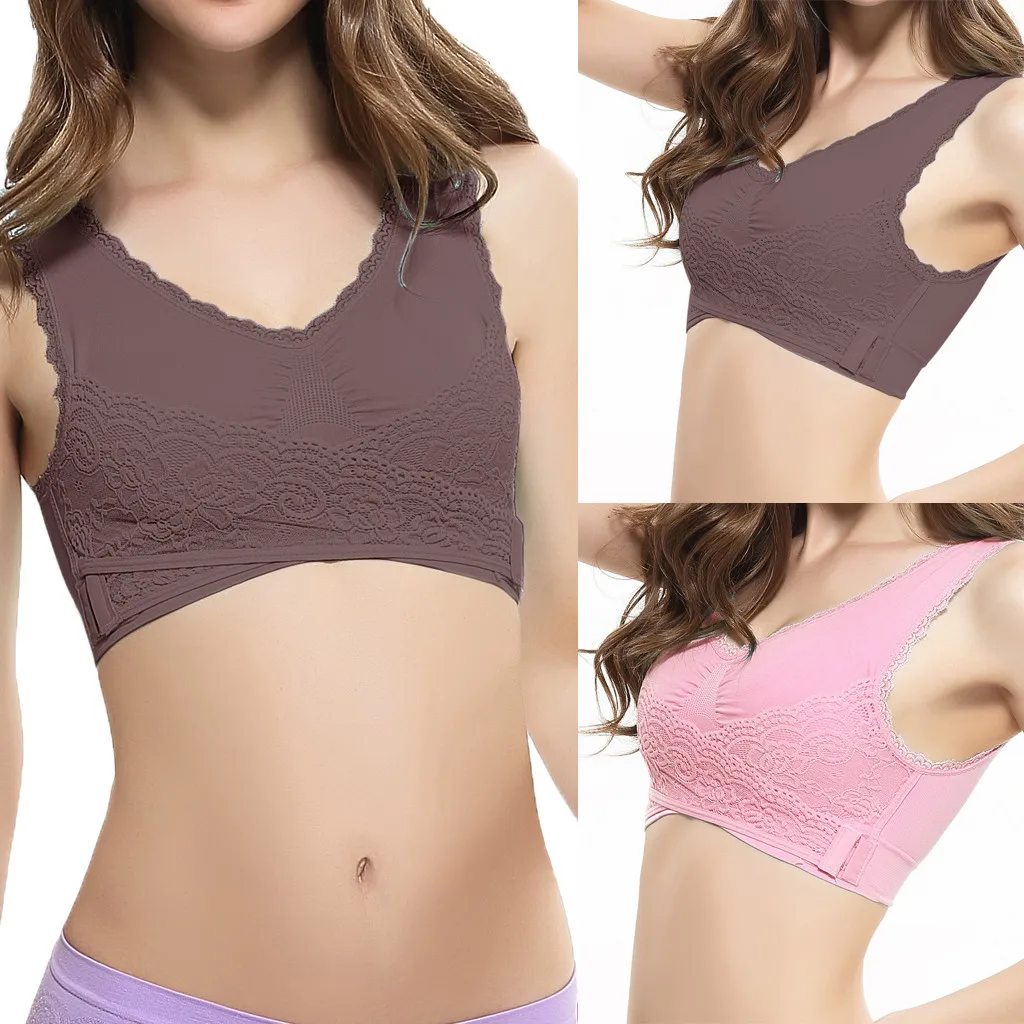 

Women's fashion sexy solid color front horizontal lace vest bra female tight sports bra full cup bra vest top debardeur femme