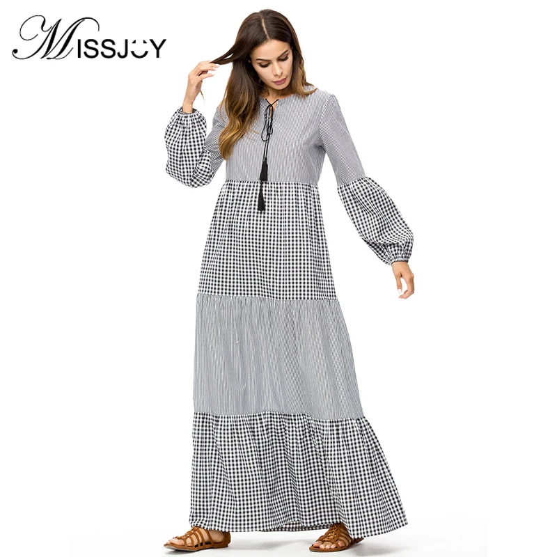 MISSJOY женское повседневное свободное мусульманское Макси-платье с рукавом-фонариком в стиле пэчворк, в полоску, в клетку, Абая, для турецкой вечеринки, осень