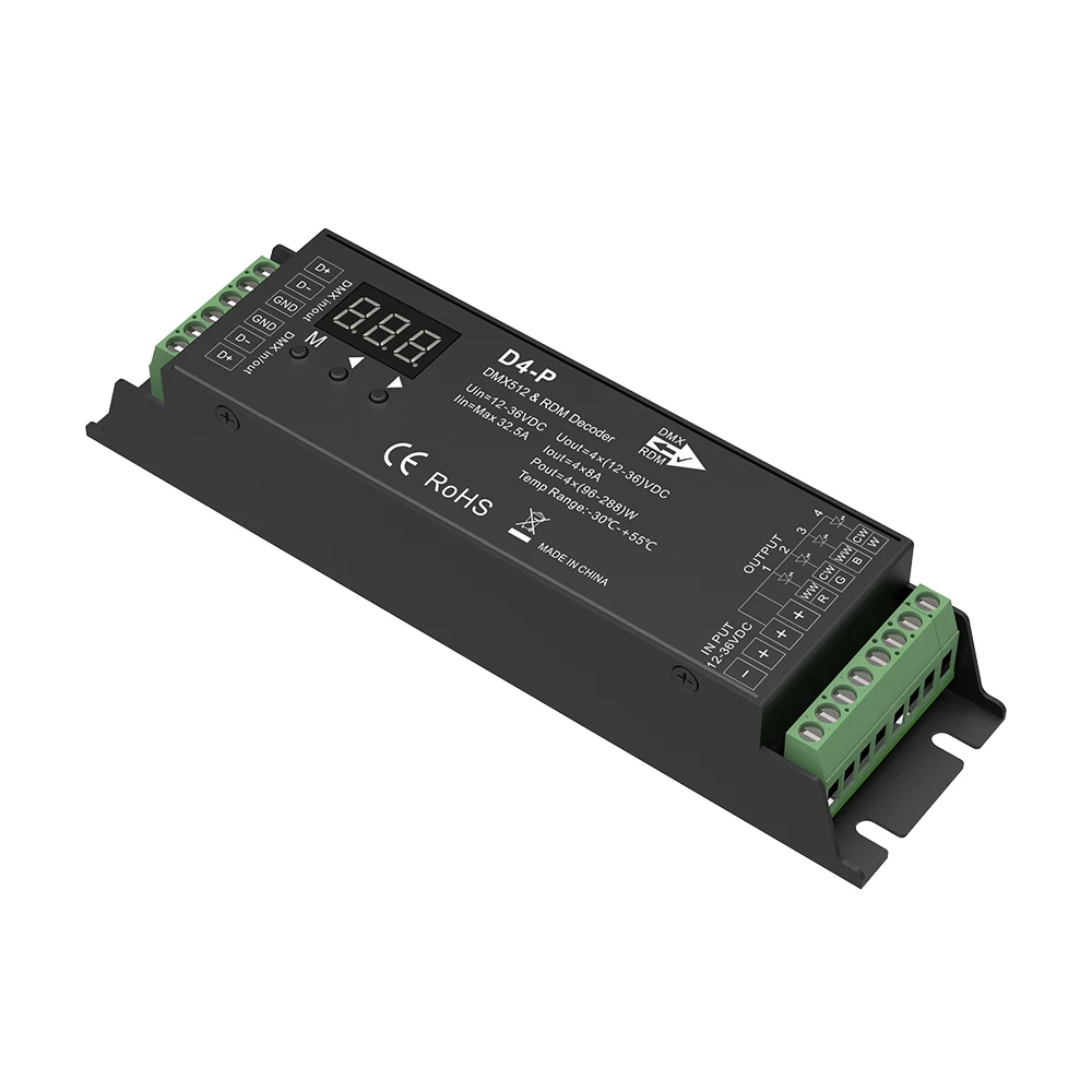 

Модель # D4-P; 4-канальный декодер постоянного напряжения DMX512 и RDM