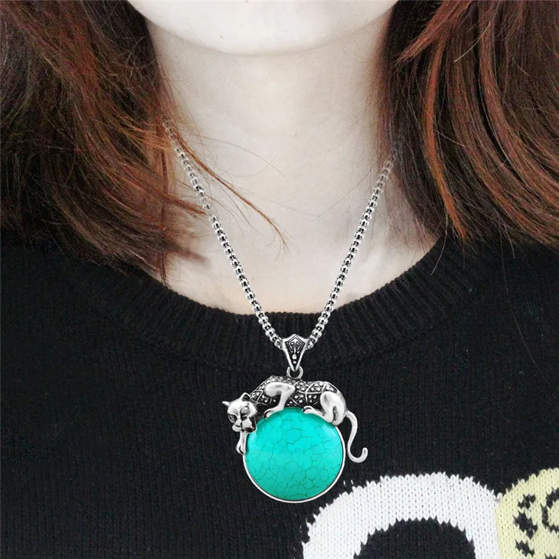 Классический Leopard кулон синий и красный цвета камень Цепочки ожерелья Винтаж