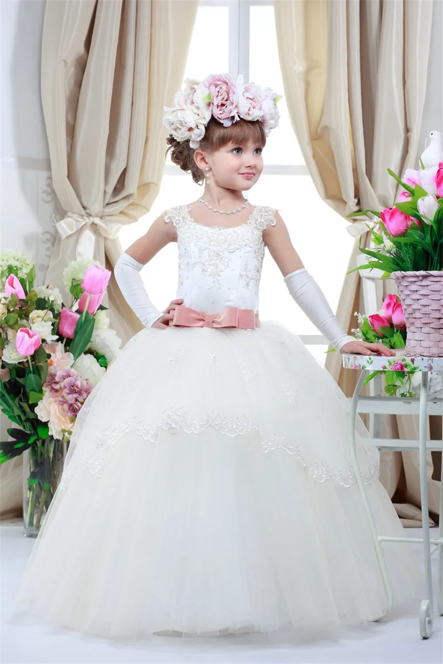 2017 Сшитое Высший Сорт Сладкий Дети Ручной Лук Святой Платья Цветок Девочки Pageant