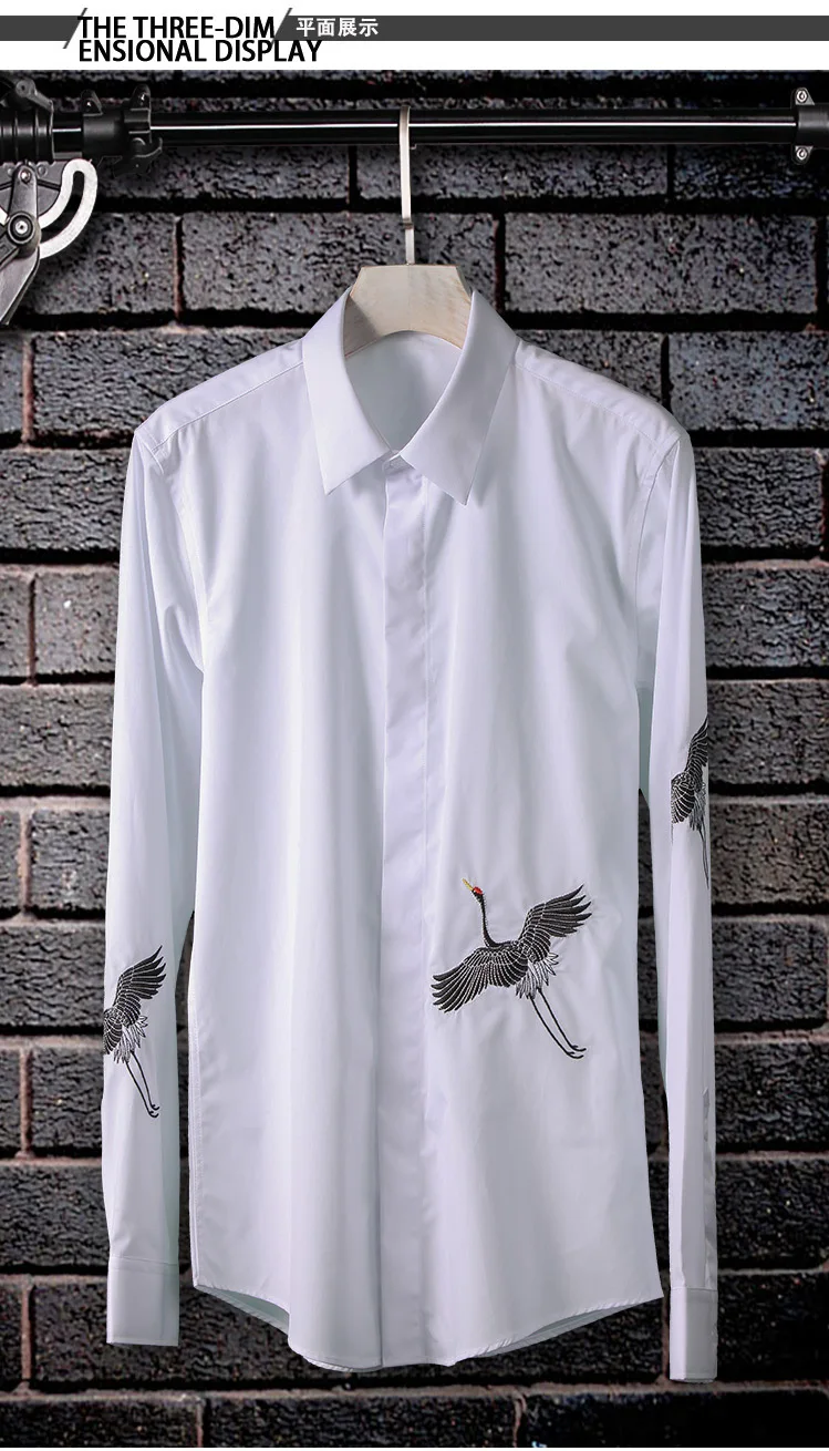 

Crane pattern embroidery men's shirts wholesale trend Europe style long-sleeved shirt mens brand fashion white shirt male camisa