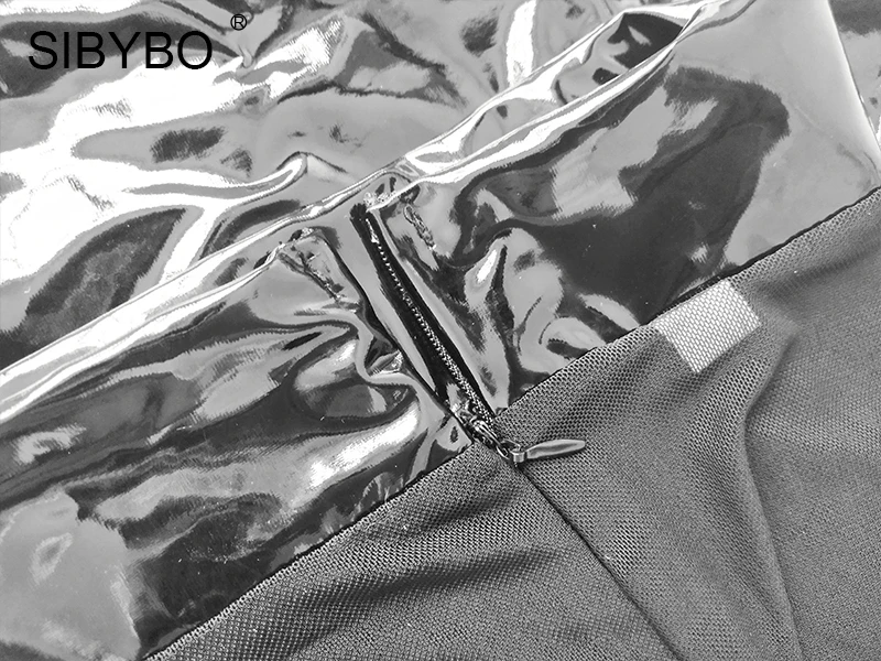 Sibybo, сетчатые платья с длинным рукавом для вечеринок,, летние, ПУ, пэтчворк, выдалбливают, облегающее, Бандажное, сексуальное Клубное платье Vestidos