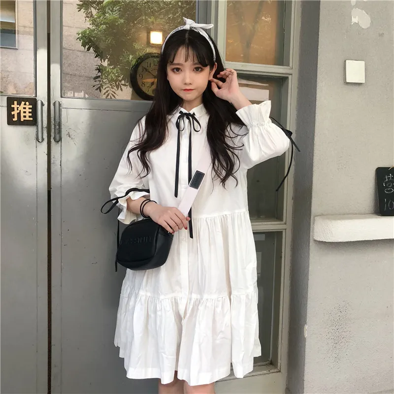 Осеннее японское женское белое платье Harajuku хлопковое Бандажное Повседневное в