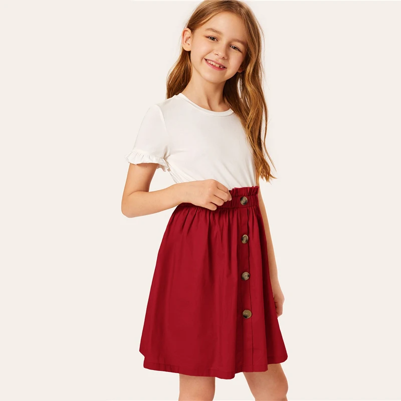 SHEIN/детское Повседневное платье для девочек с двумя пуговицами и рюшами спереди; коллекция года; летнее короткое расклешенное платье с рукавами-воланами и цветными блоками