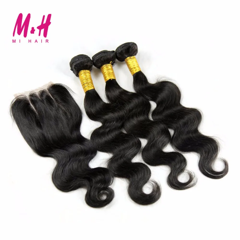 7 Необработанные Перуанский Девы Волос С Закрытие 3 Связки Закрытием Mi Объемной