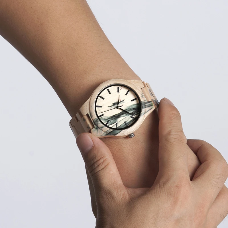 

BOBO BIRD bamboo wooden maple Quartz Ink Wristwatch For Men relojes hombre Chinese elements Ink clock in wood box