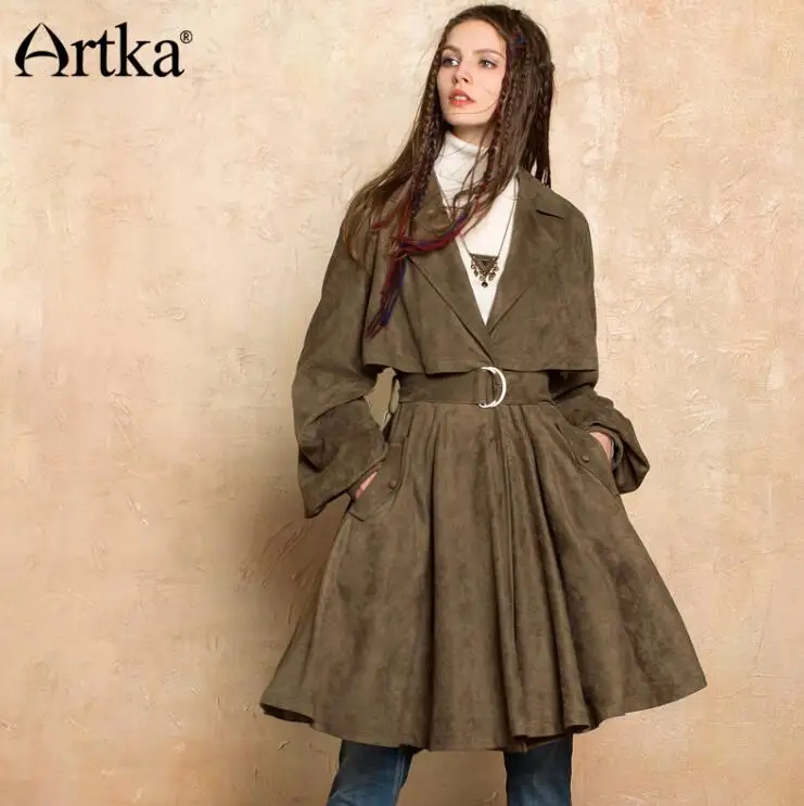 ARTKA, Осенний Женский Тренч, рукав-фонарик, женский длинный Тренч, замшевое пальто, элегантный Тренч, женская Свободная верхняя одежда, WA10272Q - Цвет: green