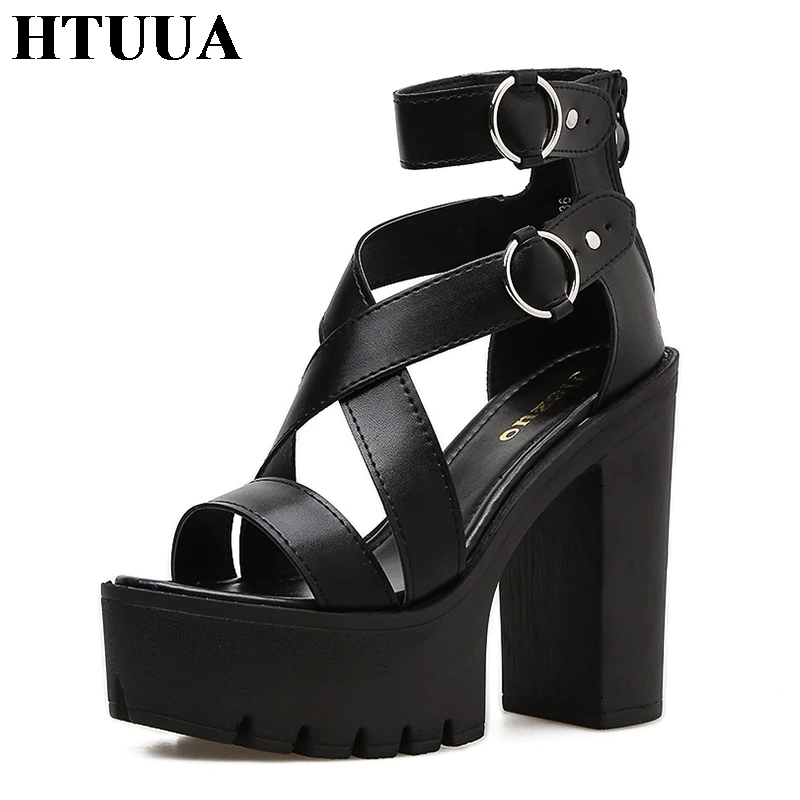 HTUUA/модные однотонные Босоножки на платформе с пряжкой Женская летняя обувь