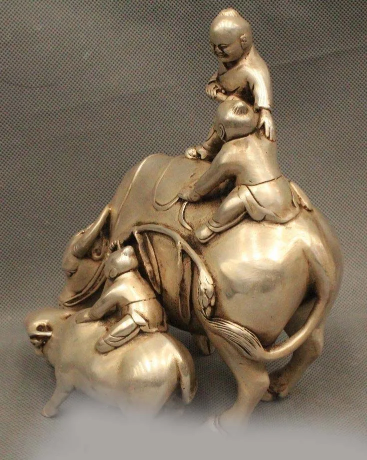 8&quot Lovely Chinese China Silver Cowboy Vaquero Children Kids Ride Bull Ox Statue | Дом и сад