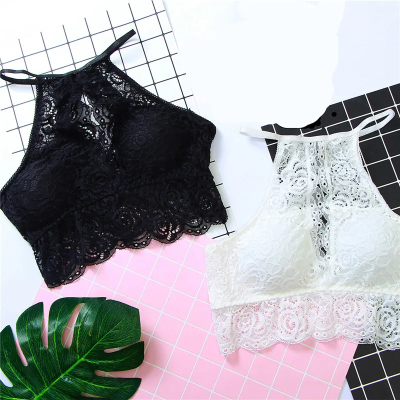Sexy Lingerie Hot Lace Halter Bralette 3/4 Cup Women's Underwear Comfortable Wireless Bra Female Tops | Женская одежда