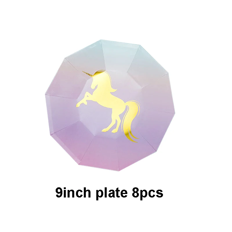 8pcs plate unicorn 8 шт мультфильм золотой фольги одноразовые столовые приборы Единорог животных бумажные тарелки для вечеринки декор на свадьбу День рождения детский душ принадлежности - Цвет: 8pcs plate unicorn