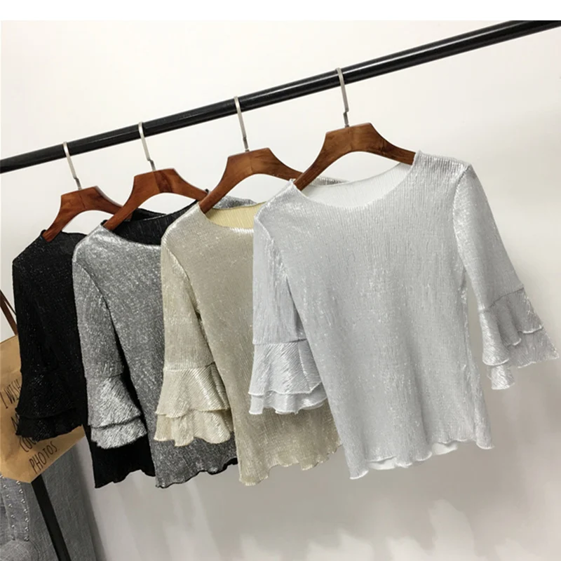 

[Alphalmoda] New Bling Tshirts Bronzing O-neck Double Layer Flare Sleeve Slid Color All-match Fashion Shining Top