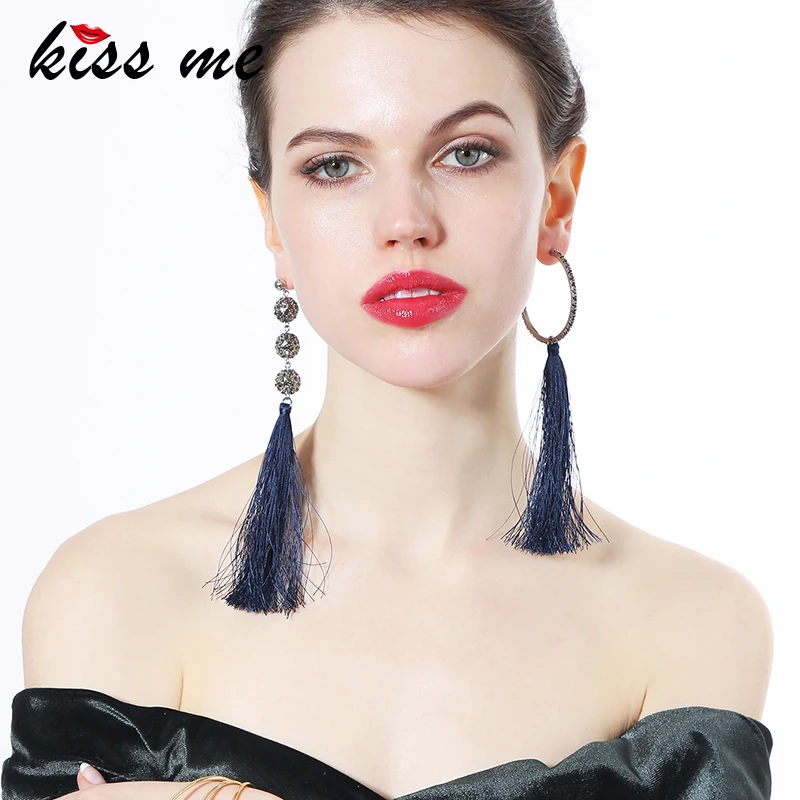 Женские длинные серьги KISS ME синие/красные асимметричные с кисточками из
