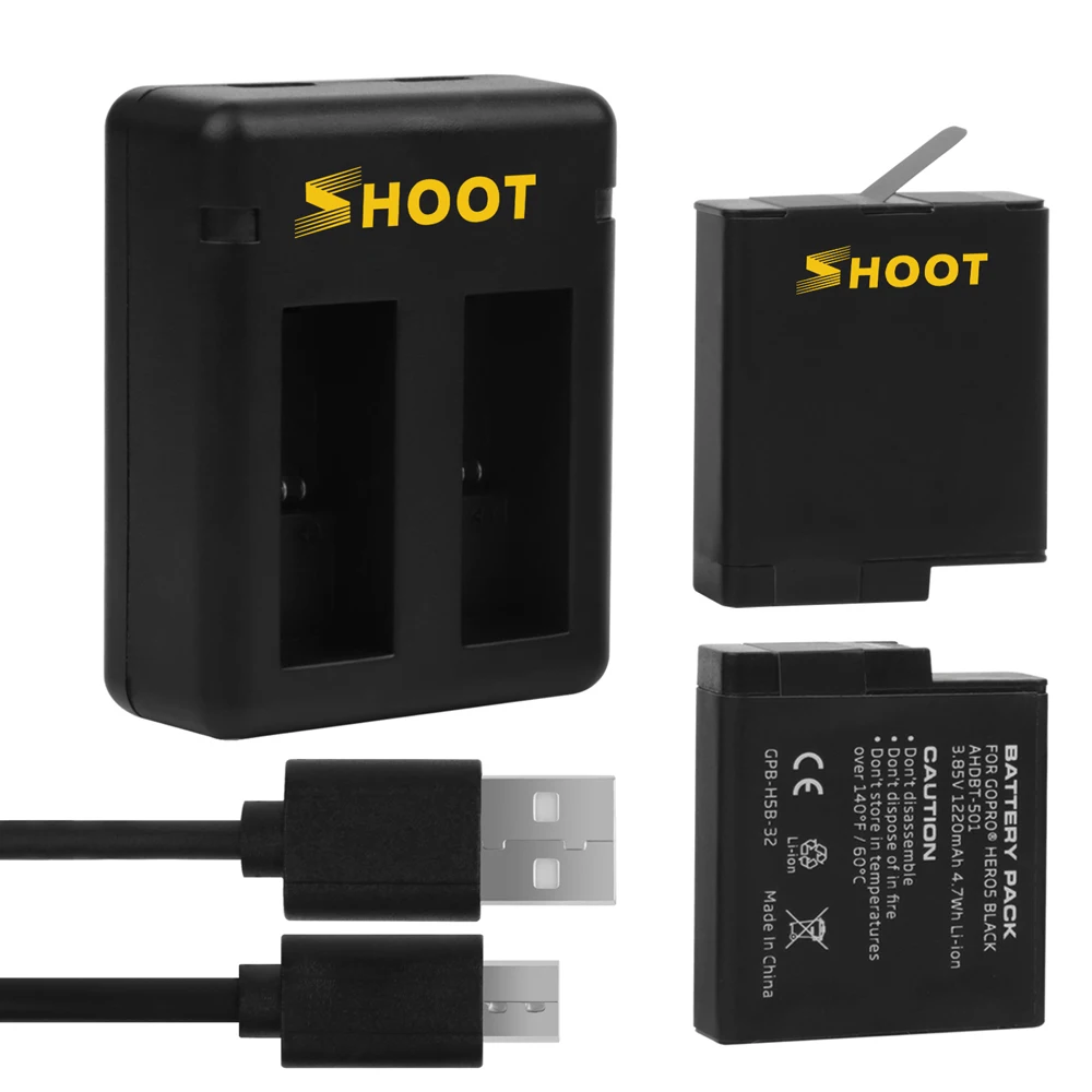 

SHOOT Dual Port Battery Charger With 2pcs 1220mAh Battery for GoPro Hero 5 Black Camera For Go Pro Hero 5 Changing Accessory Set