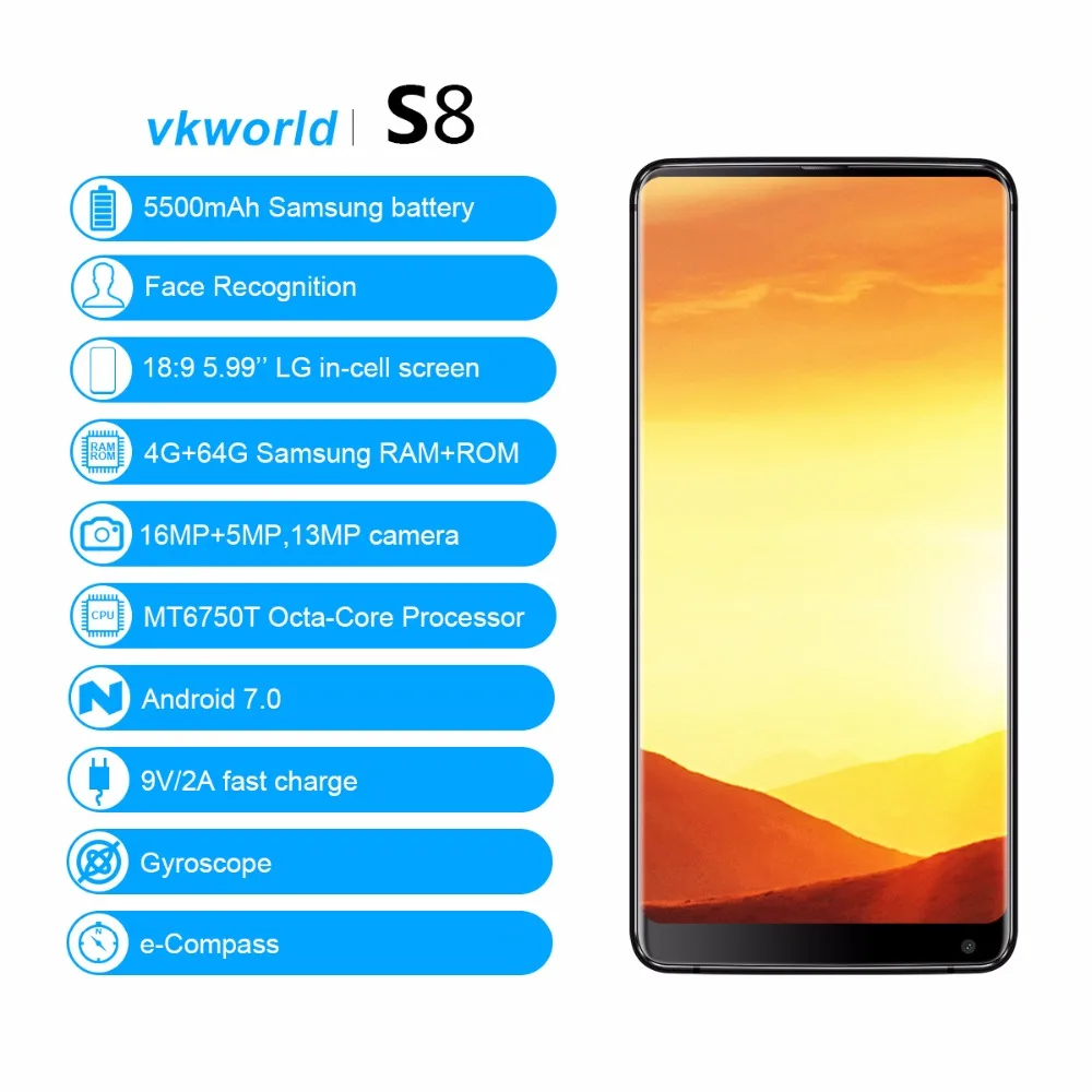 4G VKworld S8 16MP + 13MP камеры мобильные телефоны отпечатков пальцев 5500 мАч 5 99 дюймов