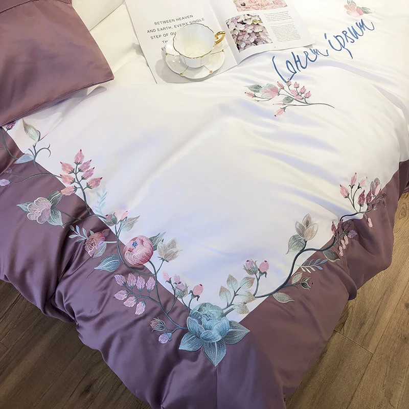 Роскошный комплект постельного белья из шелка и хлопка с цветочной вышивкой