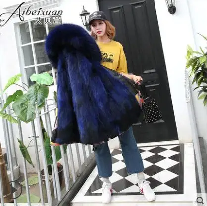 colorfulcoatblue Толстая цветная Женская парка, парка размера плюс, большая теплая Свободная Женская куртка с воротником из натурального меха енота - Цвет: colorfulcoatblue