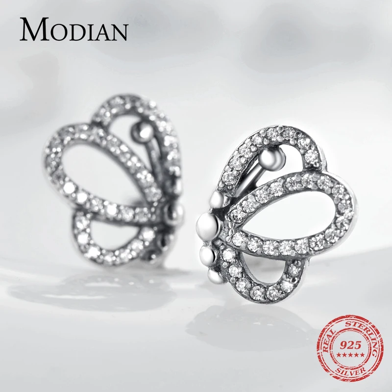 Modian очаровательные Винтажные серьги-гвоздики с бабочкой, 925 пробы, серебряные брендовые модные серьги-гвоздики с кристаллами для женщин, ювелирные изделия