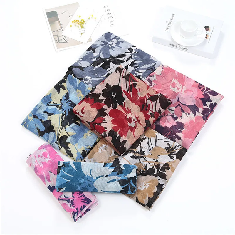 

2021 Luxury Brand Women Voile Scarf Fashion Retro Floral Viscose Scarves Female Shawls Foulard Beach Cover-ups Wraps Bandana