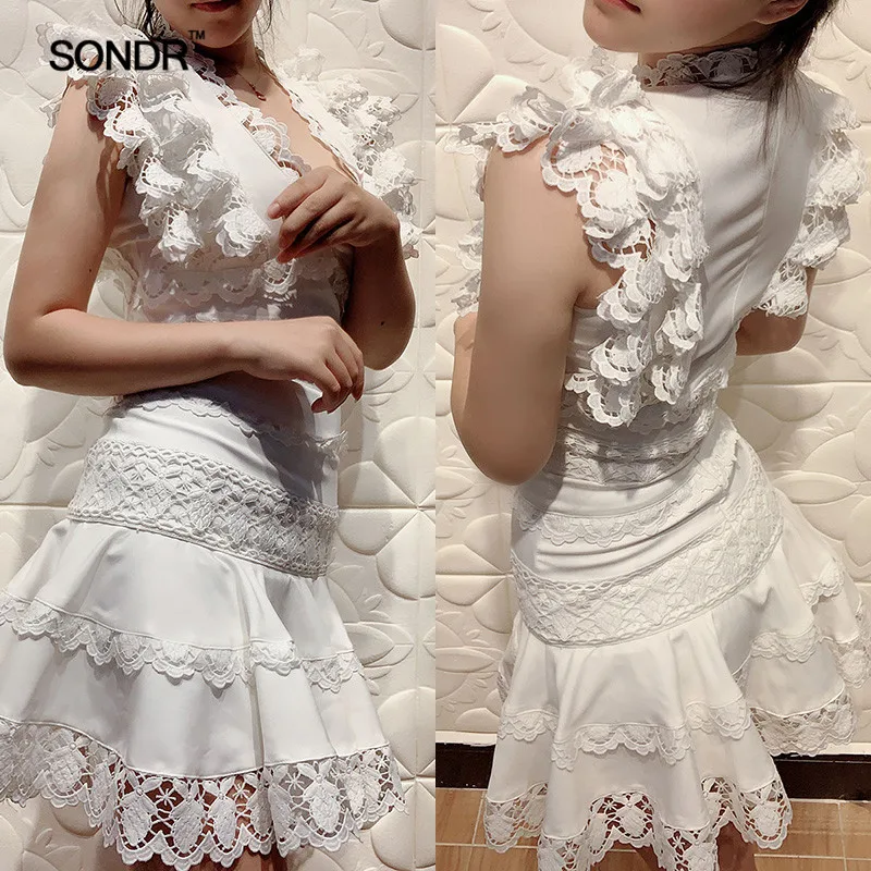 SONDR Patchwork Lace Dress Women V Neck Sleeveless High Waist Mini Mermaid Dresses Female Elegant Fashion 2019 Summer New | Женская