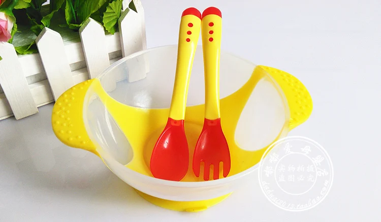 Yellow 01 Dishes Набор из 3 предметов, детская ложка, миска для обучения, миска для еды, ложка с датчиком температуры, детская посуда, детское питание, миски для кормления - Цвет: Yellow 01 Dishes