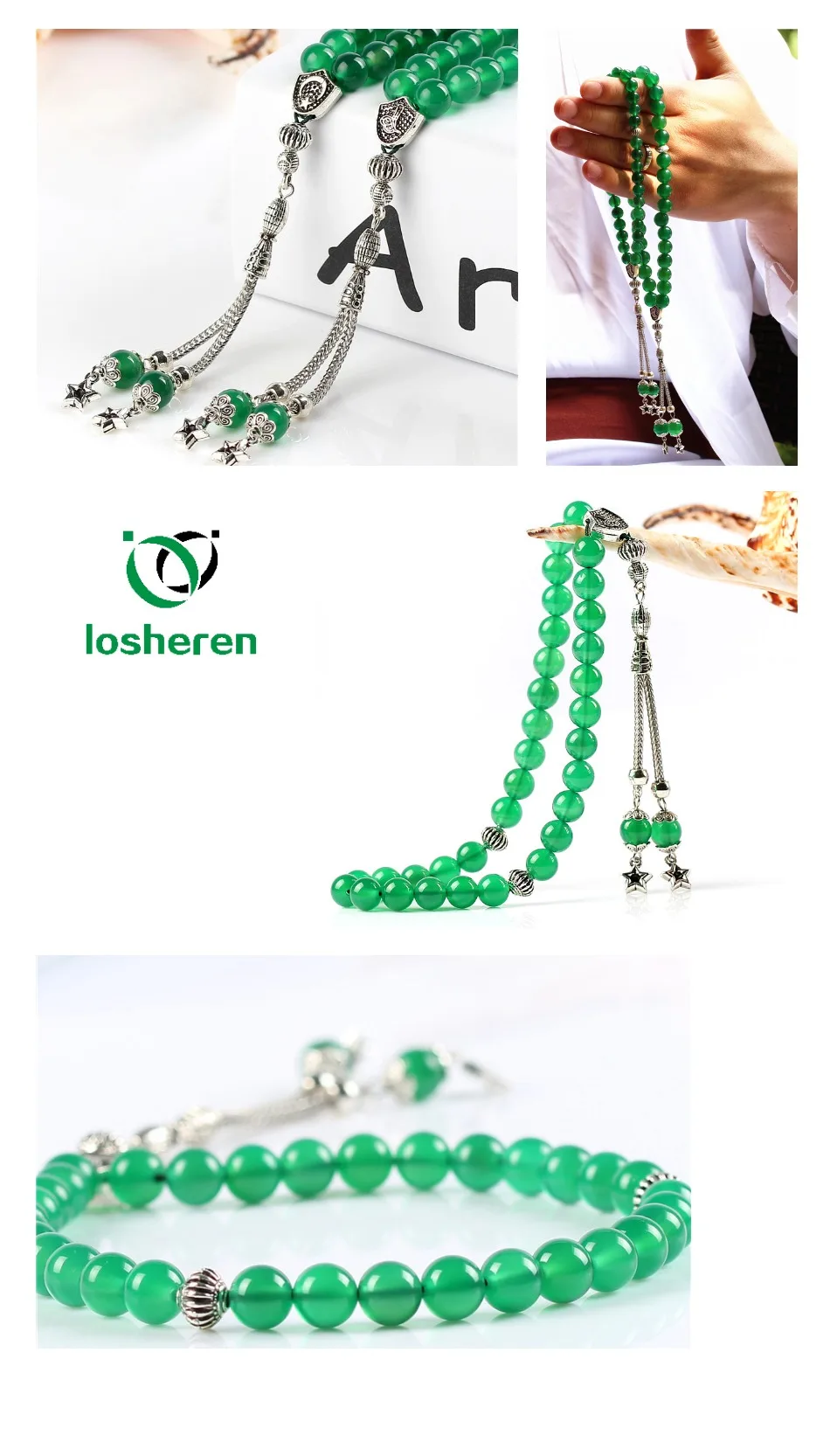 LOSHEREN натуральный зеленый агат камень Tesbih молитвенные бусины 33 четки Tasbih мусульманский автомобиль-офис Висячие Masbaha Sibaha Subha
