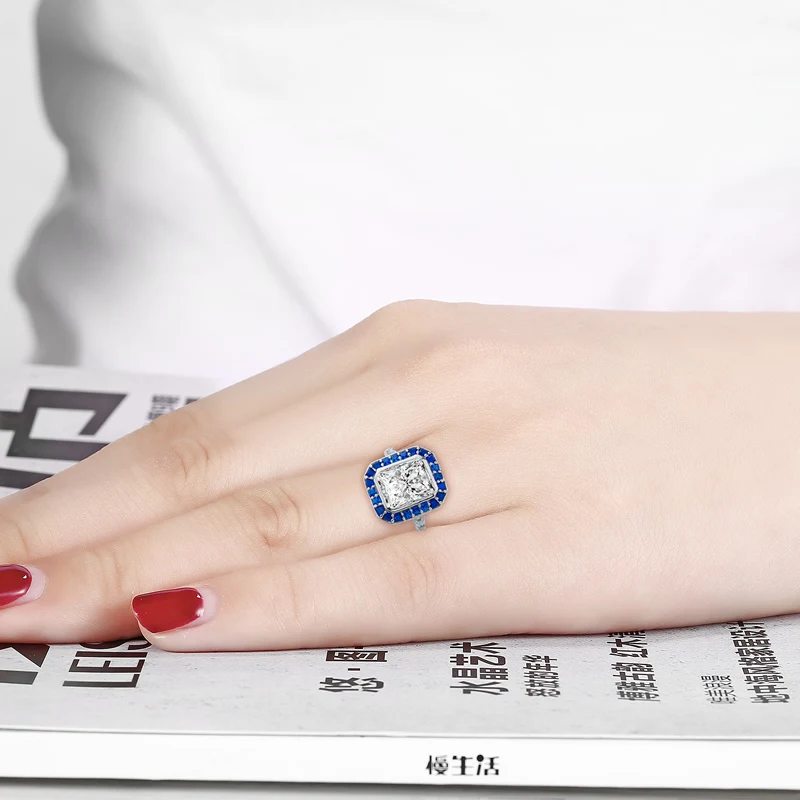 

ANZIW 3 ct Big Rectangle Cut Simulated Jewelry aneis Blue Halo Engagement Band Ring Romantic anel feminino Design Customized